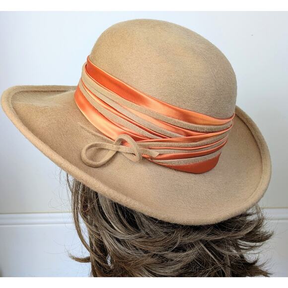 Vintage 1960s Sylvia Bollman Excello Wool Hat Camel w/ Orange Satin Band USA - Picture 6 of 13